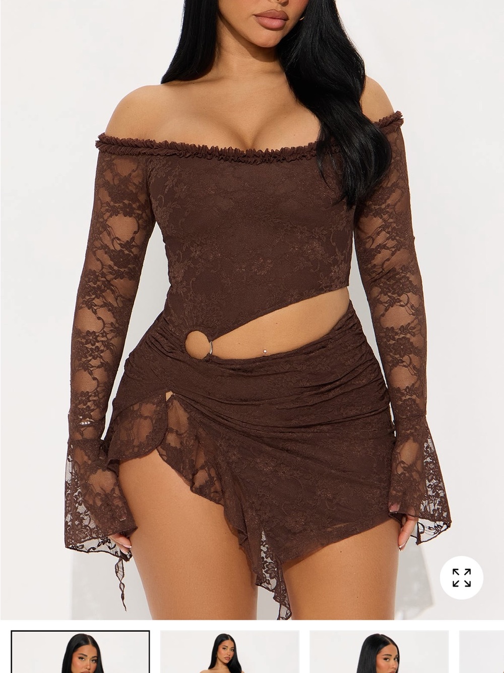 Off-Shoulder Lace Two-Piece Set in Chocolate Brown
